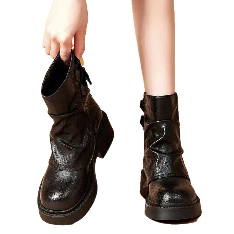 Women's British Style Short Pleated Knight Platform Pantyhose Pile Women's Casual Shoes