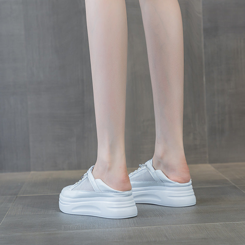 Women's Two-way White Mesh Breathable Lightweight Platform Height Increasing Soft Lace Casual Shoes