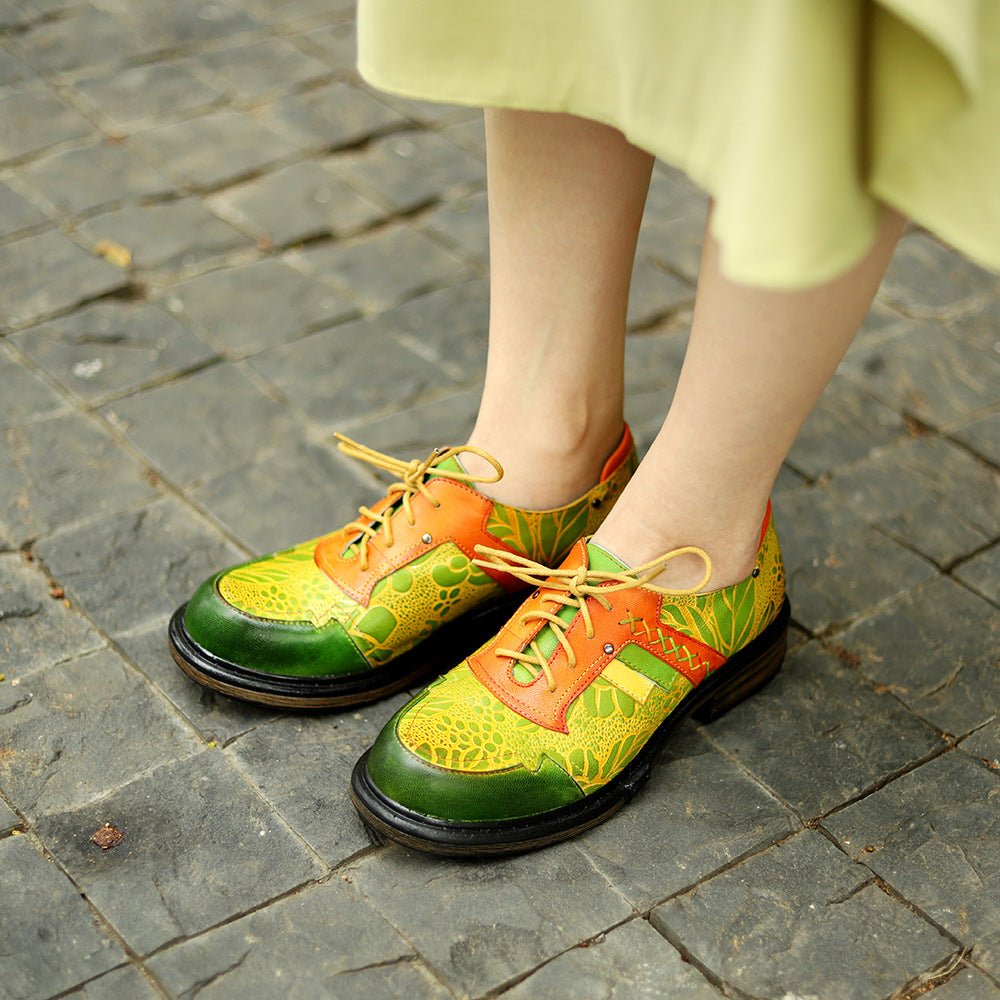 Women's Spring Genuine Retro Printing Color Contrast Women's Shoes
