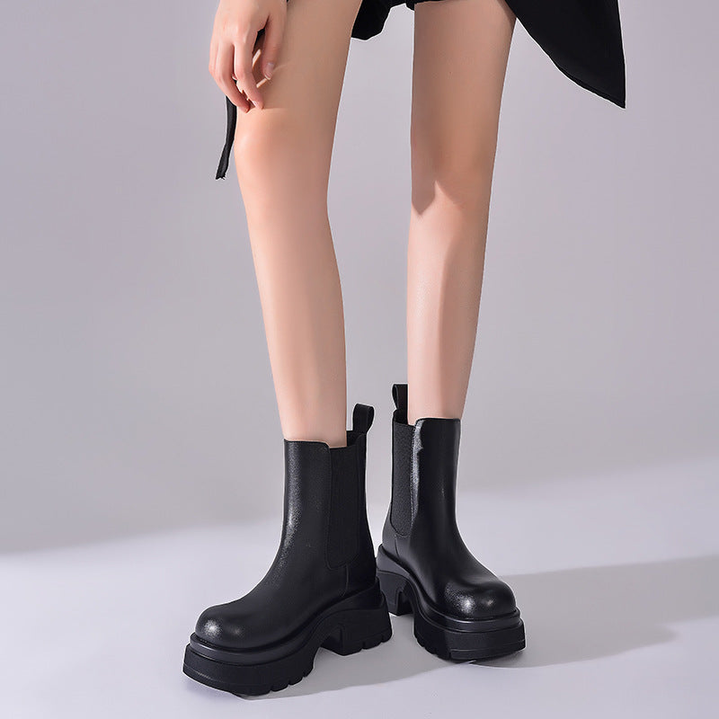 Women's Smoke Pipe British Style Platform Single Chelsea Black Martin Women's Leather Boots