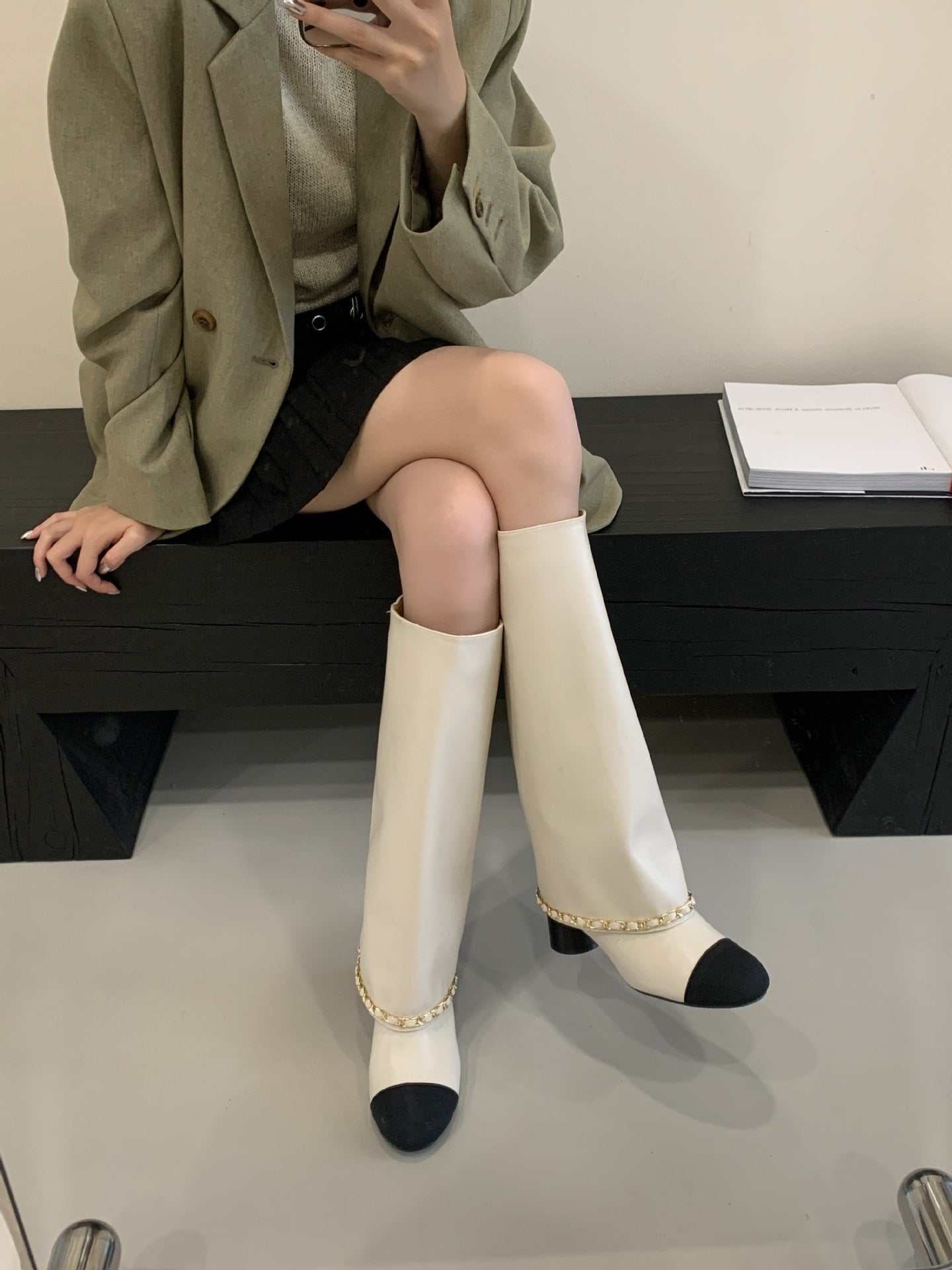 Apricot Black Stitching Chunky Pants Female Autumn Knight Below The Women's Leather Boots