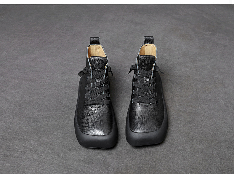 Lychee Pattern Genuine Retro Square Toe Martin Female Boots