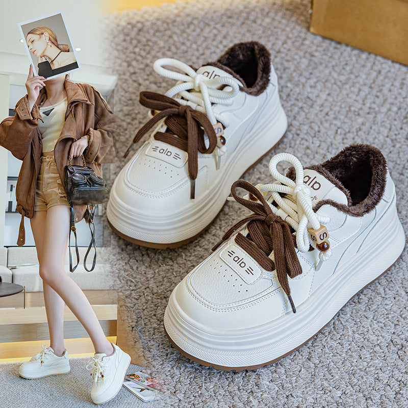 Women's Large Size Thick Bottom Fleece-lined White Winter Warm Sports Skate Women's Cotton Shoes