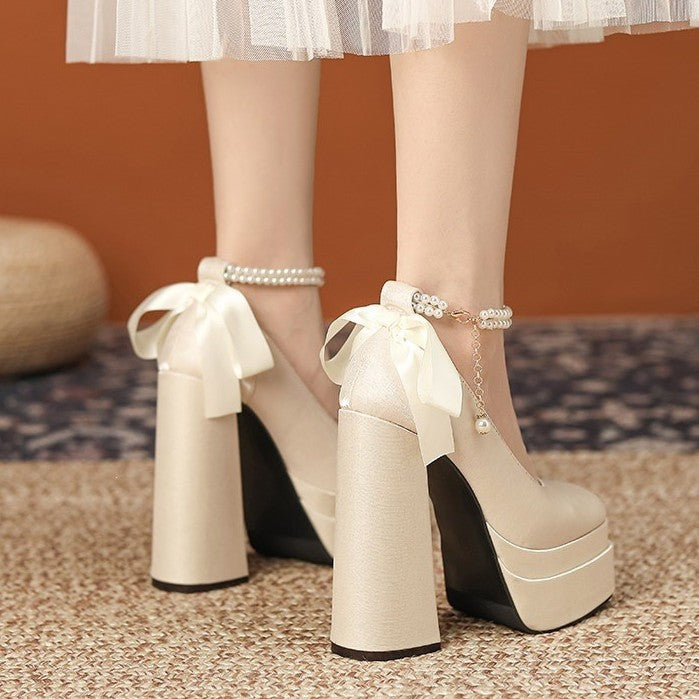 Red Super High Chunky Satin Wedding Dress Women's Fashion Shoes