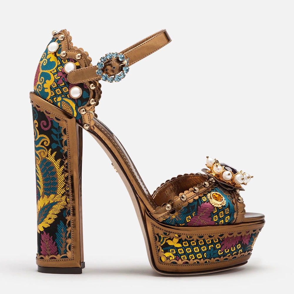 Women's Gold Mirror Rhinestone Flower Show Waterproof Platform High Heeled Sandals