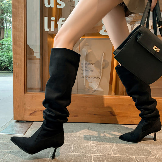 Women's Pointed Toe Long Pile Style Khaki Brown Big Boots