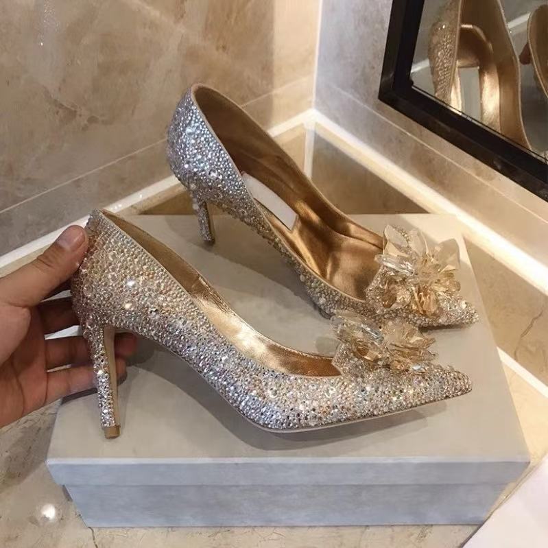 Women's French Wedding Bridal Main Dress Princess Crystal Rhinestone High Heels