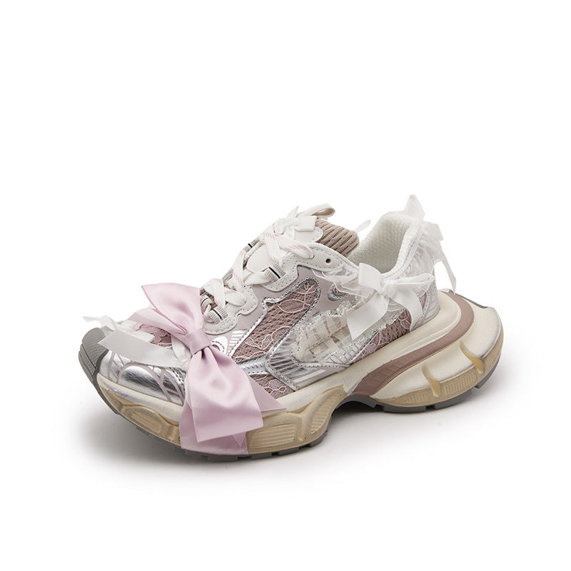 Women's Paris Lace Bow Half Dad Distressed Platform Height Sneakers
