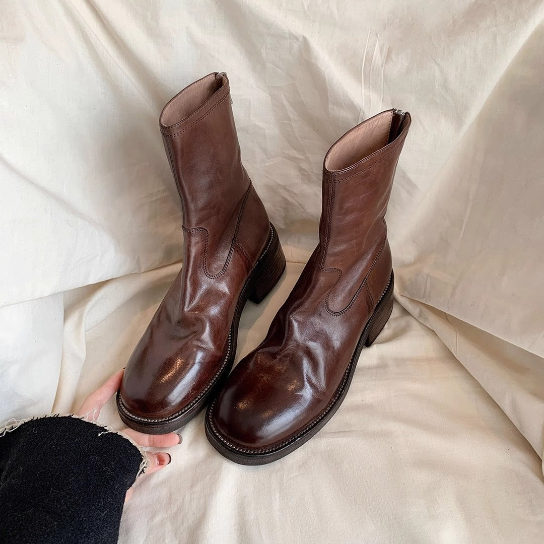 Women's Retro Round Toe Back Zipper Thick Thin Ankle Platform Martin Women's Leather Boots