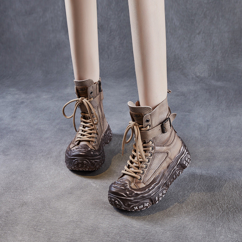 Women's First Layer Cowhide Platform Short Height Increasing Boots