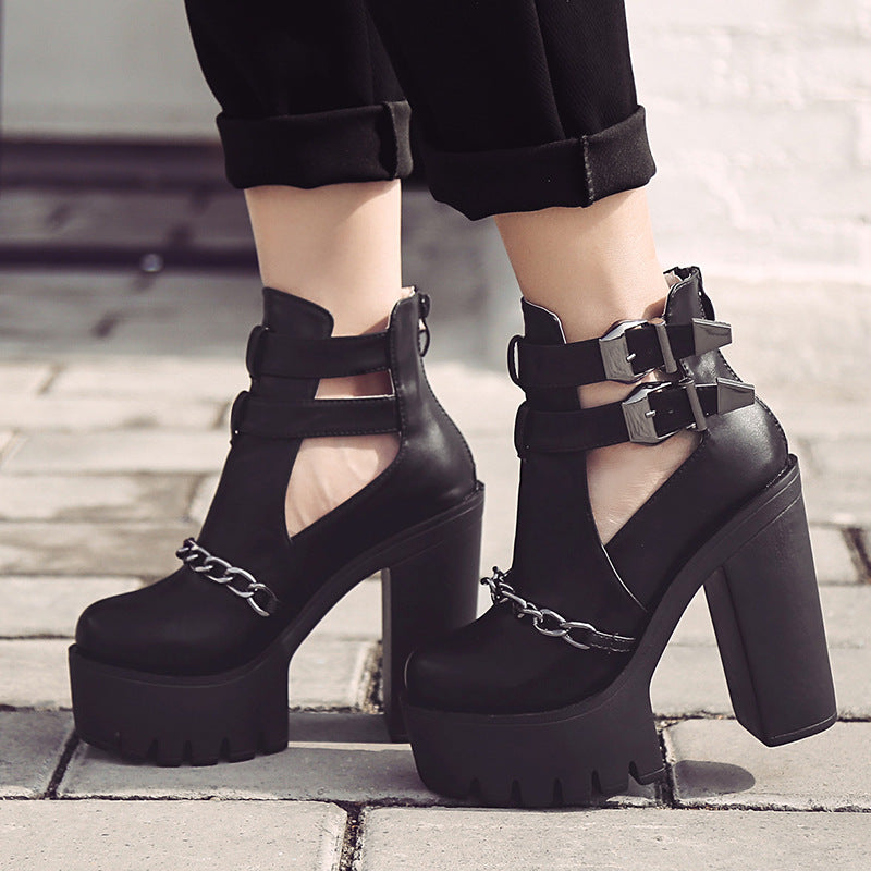 Women's Chain Hollow Booties Belt Buckle Chunky High Women's Leather Boots