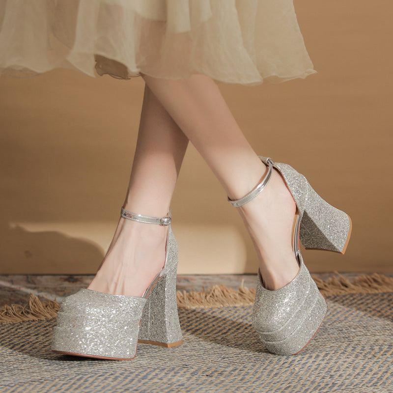 Women's Golden Square Toe Chunky Hollow Waterproof Platform Super High Wedding Women's Fashion Shoes