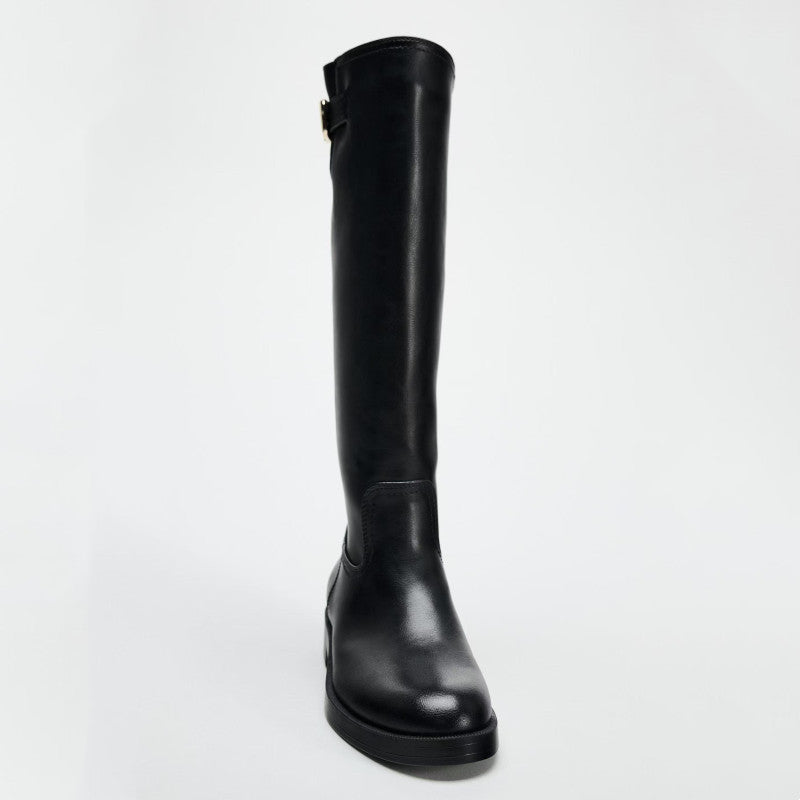Round Head Chunky Pants British Style Buckle Decoration Knight Flat Boots