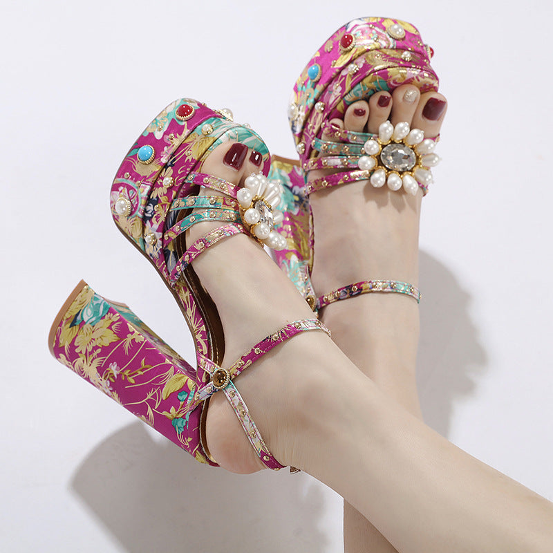 Women's Satin Large Size Fashion Model Style Floral High Heeled Sandals