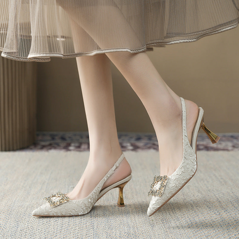 Women's Style Satin Pleated Square Buckle Pointed Toe Sandals