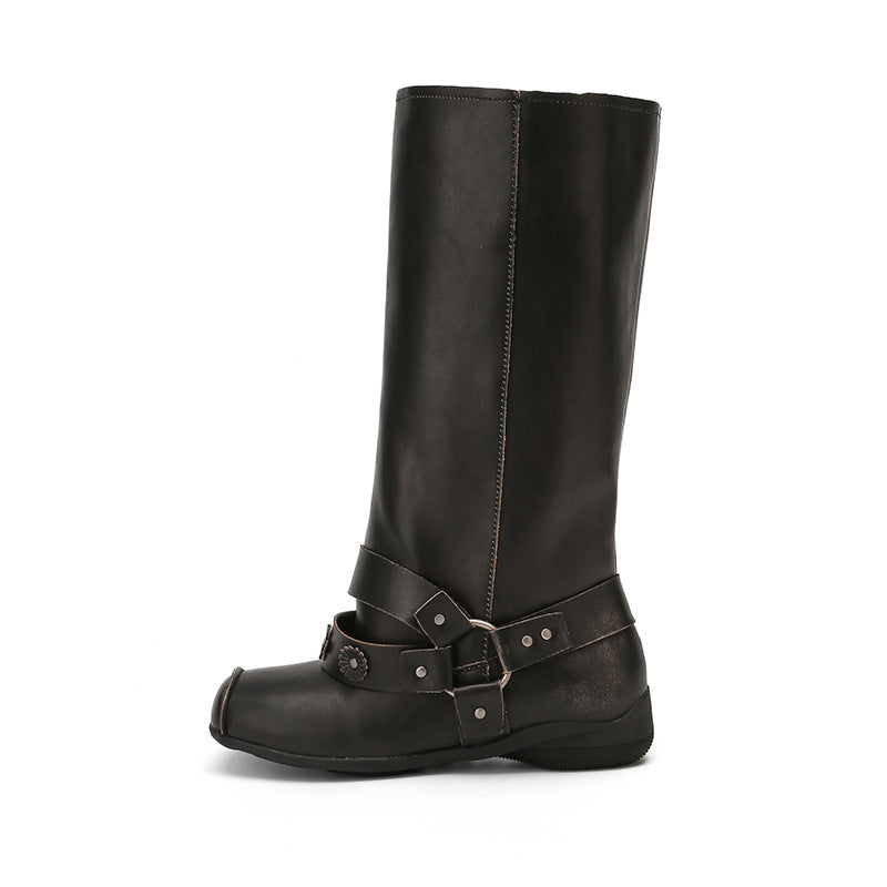 Women's Minority Square Toe Belt Rivet Button Women's Leather Boots