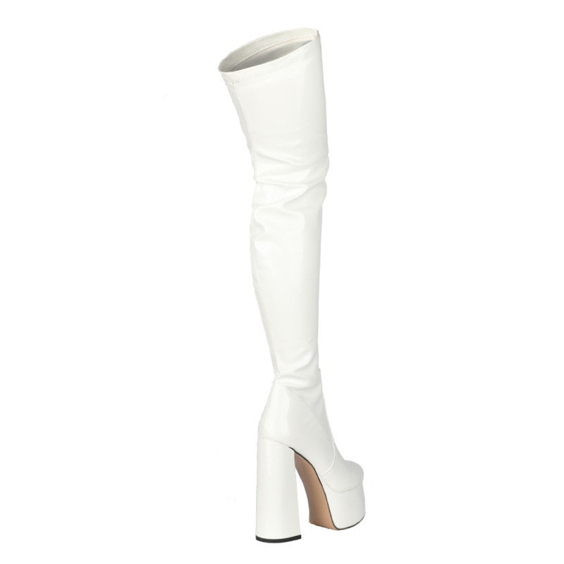 Women's Chunky Waterproof Platform Patent Round Toe High White Heels