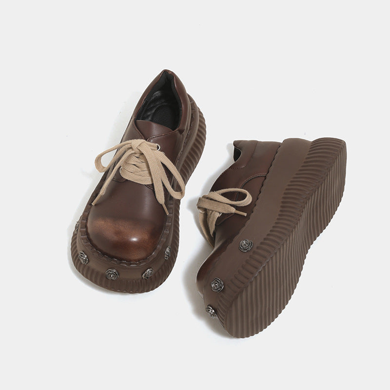 Women's British Style Platform Autumn Black Round Women's Fashion Shoes