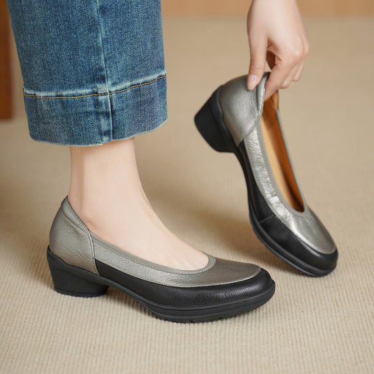 Women's Soft Sheepskin Color Matching Platform Genuine Round Toe Pumps Mid Women's Fashion Shoes