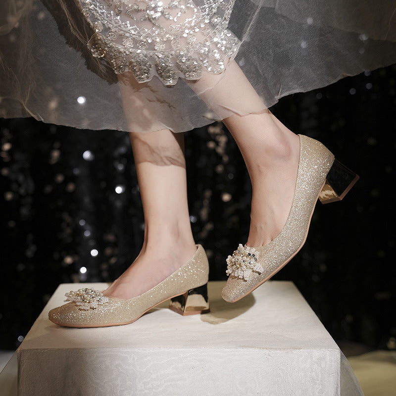 Women's Square Toe Rhinestone Pearl Sequins Thin Glittering Main Wedding Women's Casual Shoes
