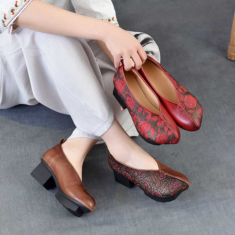 Women's Of Cowhide Print Chinese Style National Chunky Ethnic Retro Cotton Women's Casual Shoes