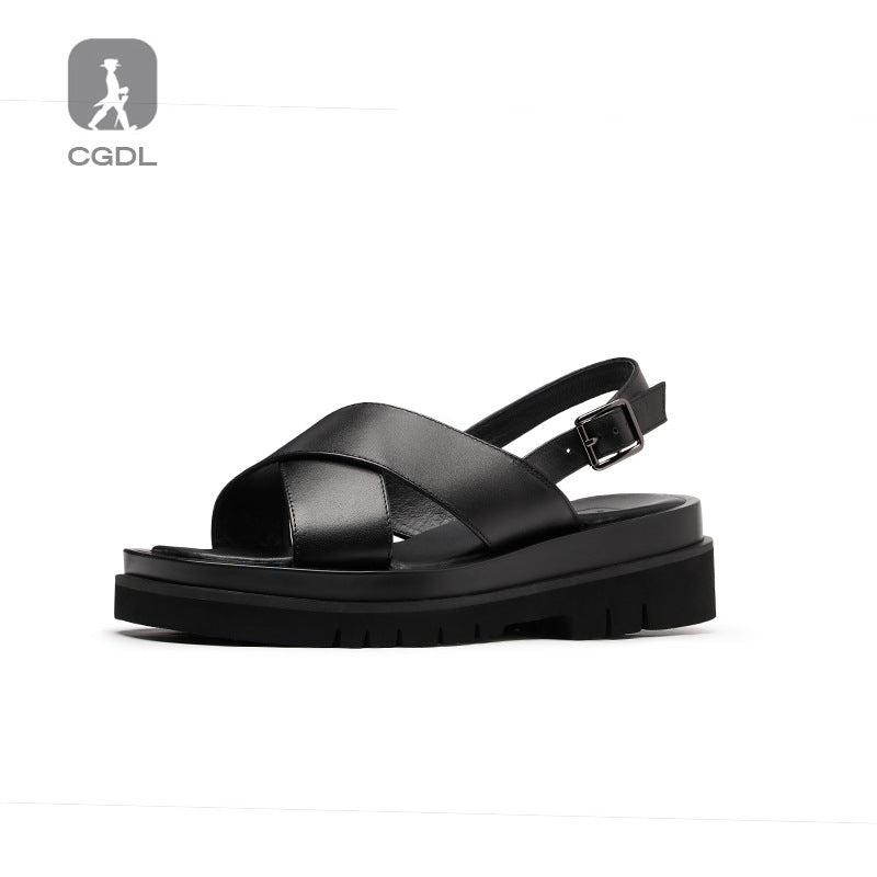 Men's Summer Muffin Thick-soled Cowhide Height Increasing Sandals