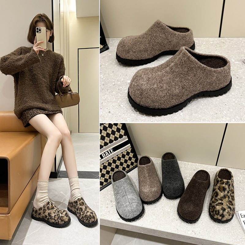 Women's Increased Closed Toe Niche Half Vintage Fleece-lined Knitted Surface Big Slippers