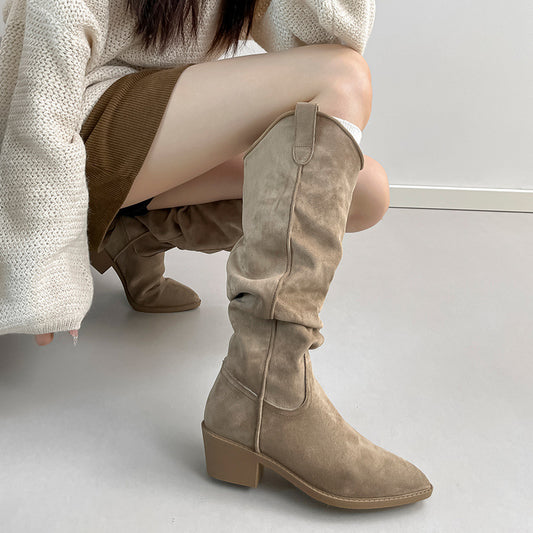 Women's Suede Knight V Buckle Skinny Pile Style Chunky Women's Leather Boots