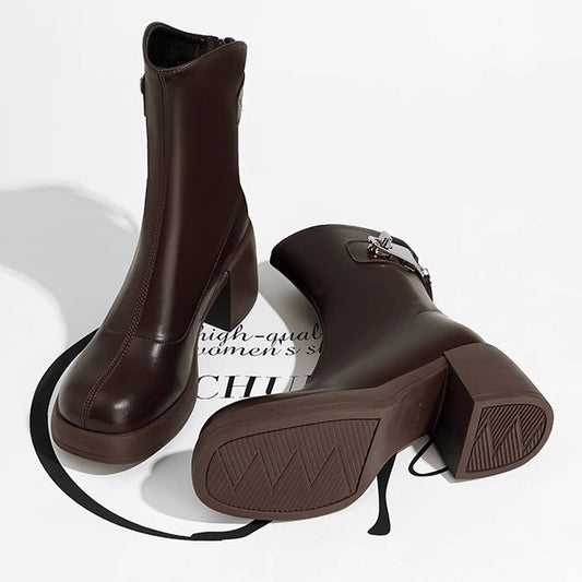 Women's Cowhide Version Skinny Autumn Retro Chunky Boots