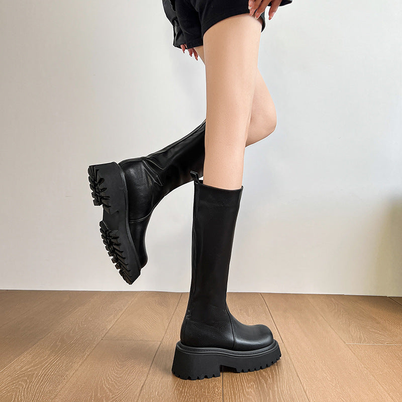 Style Niche Round Head Thick Bottom Female Small Chunky High Women's Leather Boots
