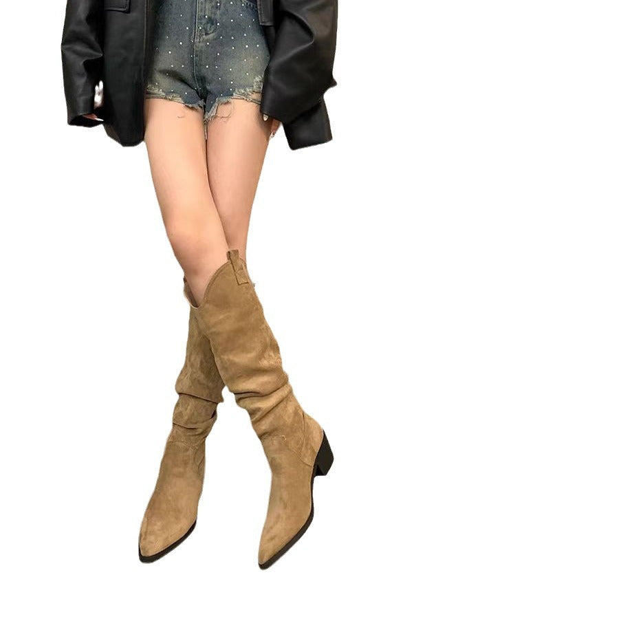 Style Retro Coffee Color Pile Western Cowboy High Leg Female Women's Leather Boots