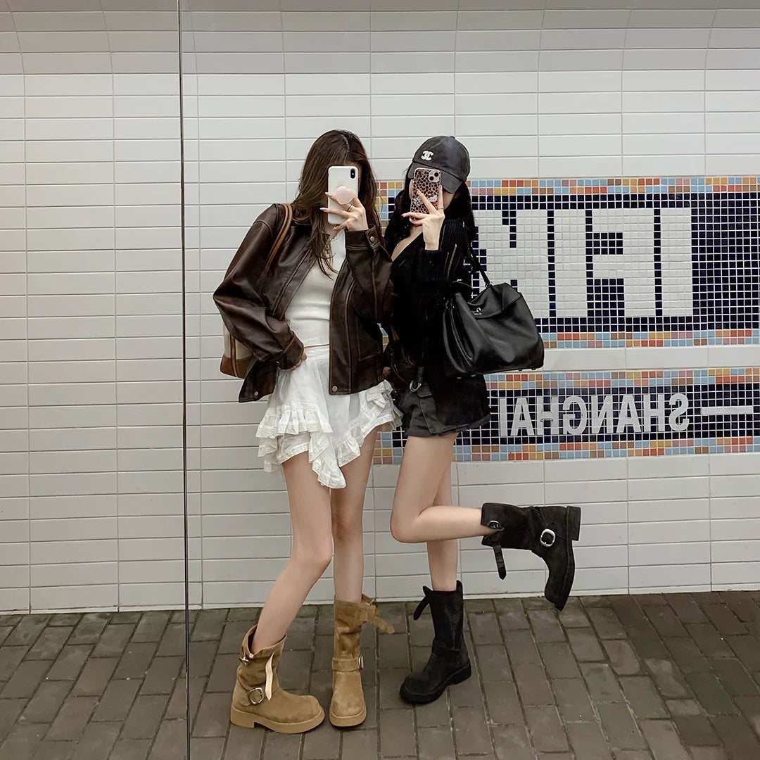 Women's Belt Buckle Round Head Ankle Soft Boots