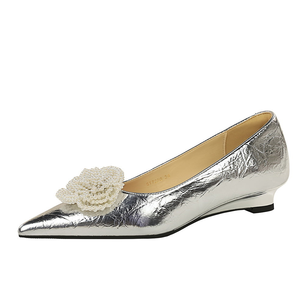 Women's Style Low-cut Pearl Flower Bow Tie Wedding Wedge Heels