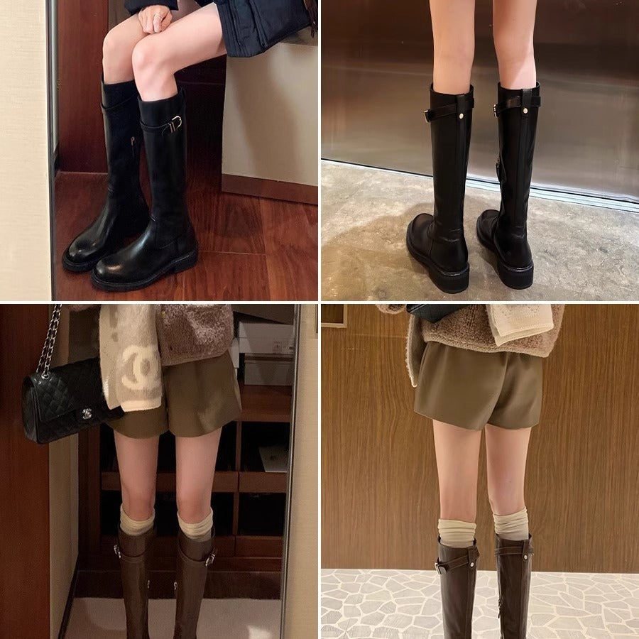 Women's Washed Soft Retro Chunky Thick Bottom Knight Slimming Brown Tube Boots