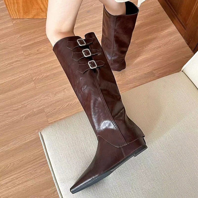 Women's Height Increasing Insole Pointed Detachable Long Tube Knee-high Brown Boots