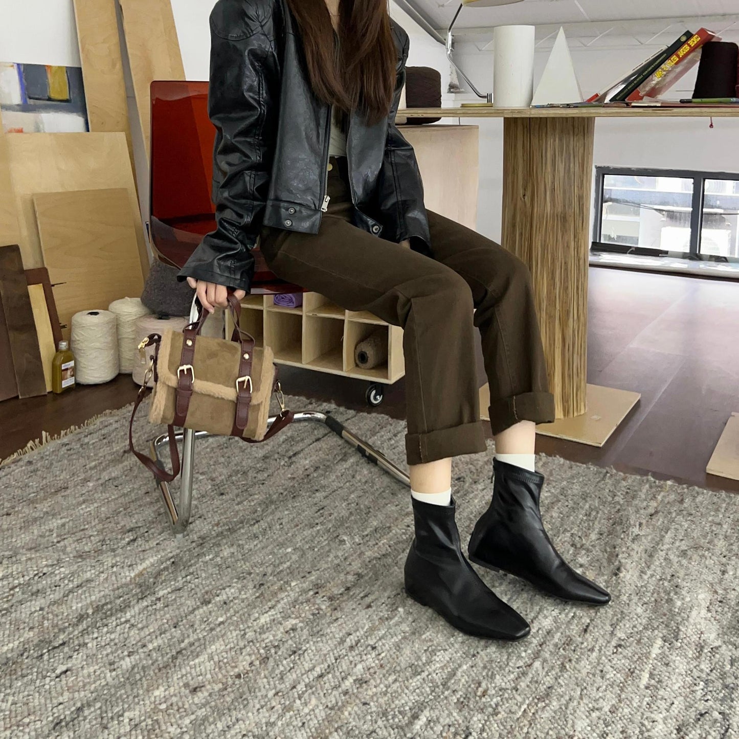 Retro Minimalist Zipper Square Head Wedge Hidden Ankle Women's Leather Boots