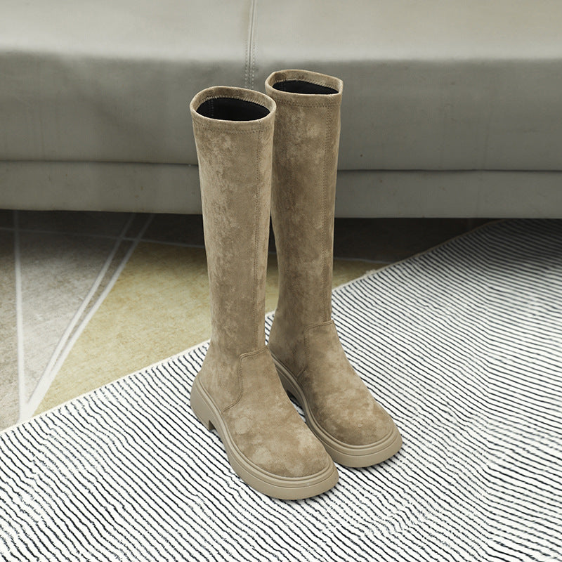Women's Below The Knee Suede Fleece-lined Thickened High Leg Chunky Platform Women's Leather Boots