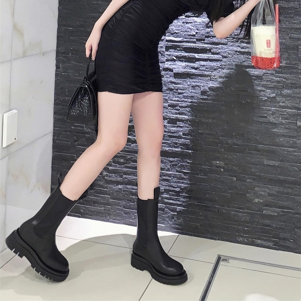 Women's British Style Thick Bottom Smoke Pipe Women's Leather Boots