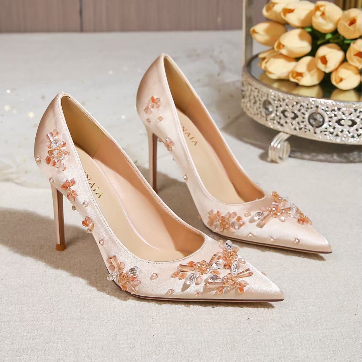 Satin Rhinestone Stiletto High Not Tired Feet Bridal Wedding Female Women's Fashion Shoes