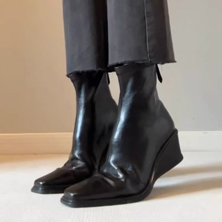 Women's Wedge Elegant Square Toe Skinny Winter High Stretch Women's Leather Boots