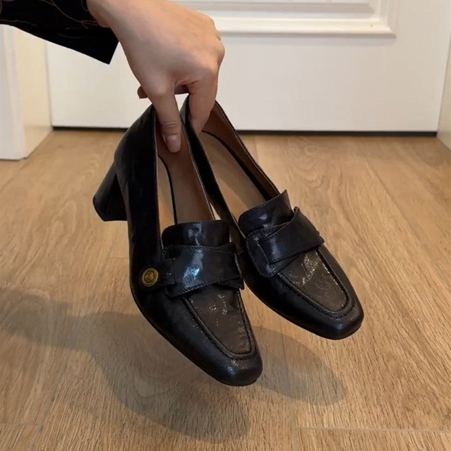 Women's Version Chunky Pumps Genuine Retro British Style High Camellia Women's Fashion Shoes