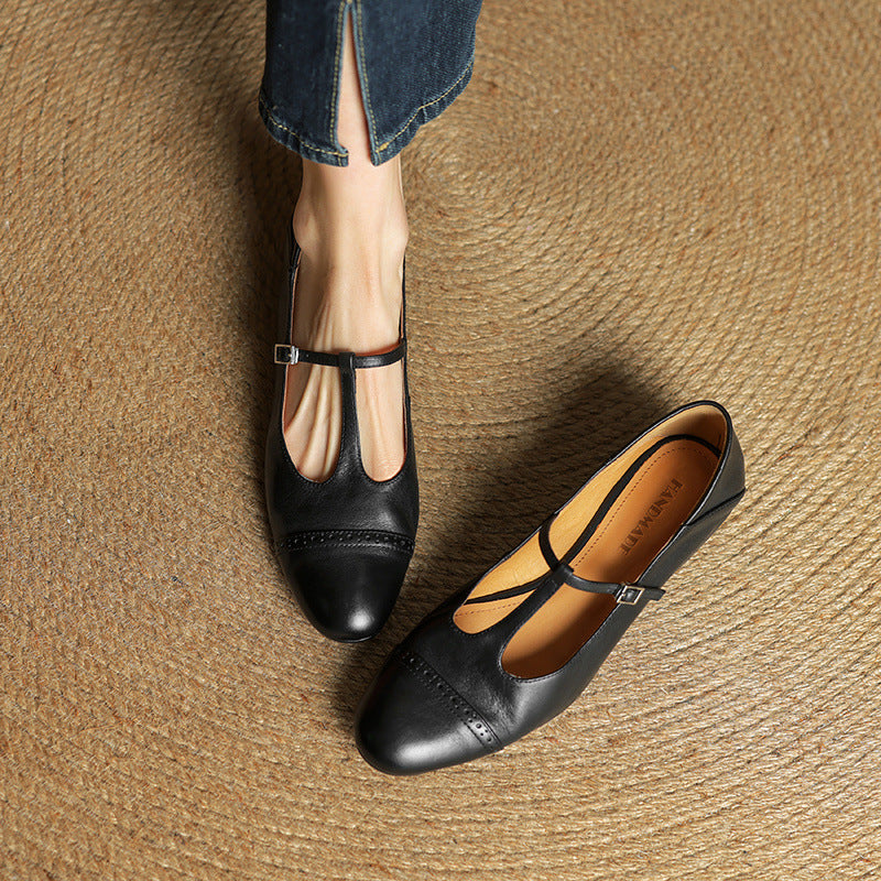 Women's First Layer Cowhide Retro Style Pumps Thick Women's Fashion Shoes