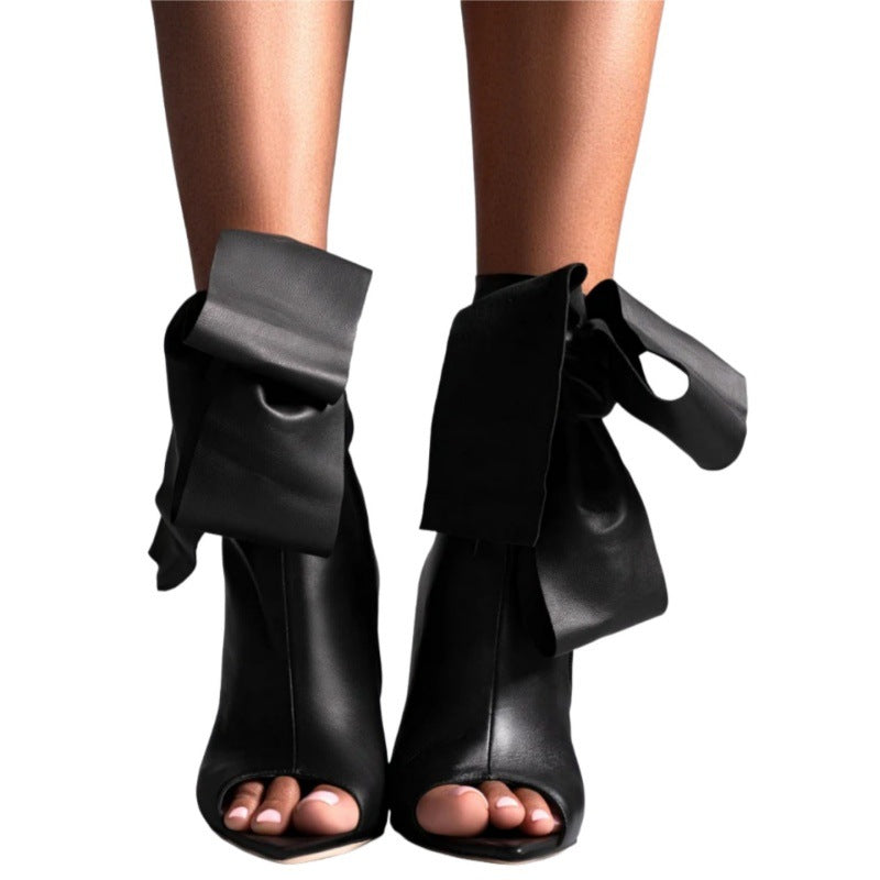 Fashion Pointed Toe Peep Stiletto Bow Side Zip Women's Leather Boots