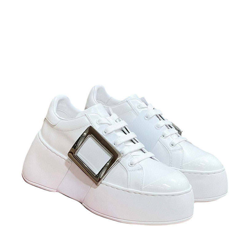 Women's Thick-soled High-rise Square Buckle Diamond White Genuine Platform Women's Casual Shoes