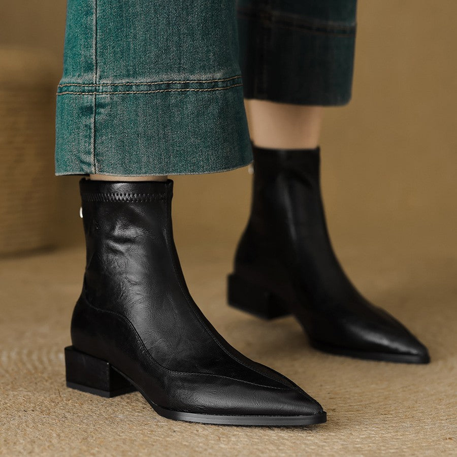 Women's Toe Stretch Thin Chunky Ankle Vintage Women's Leather Boots