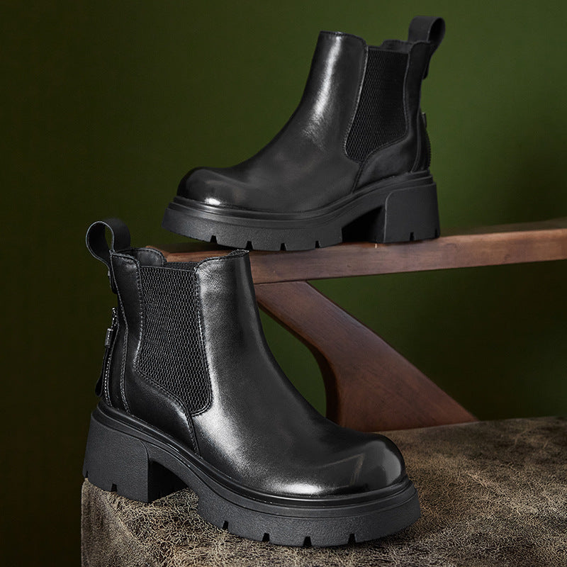 Women's Cowhide Chelsea Smoke Pipe Round Head Thick Boots