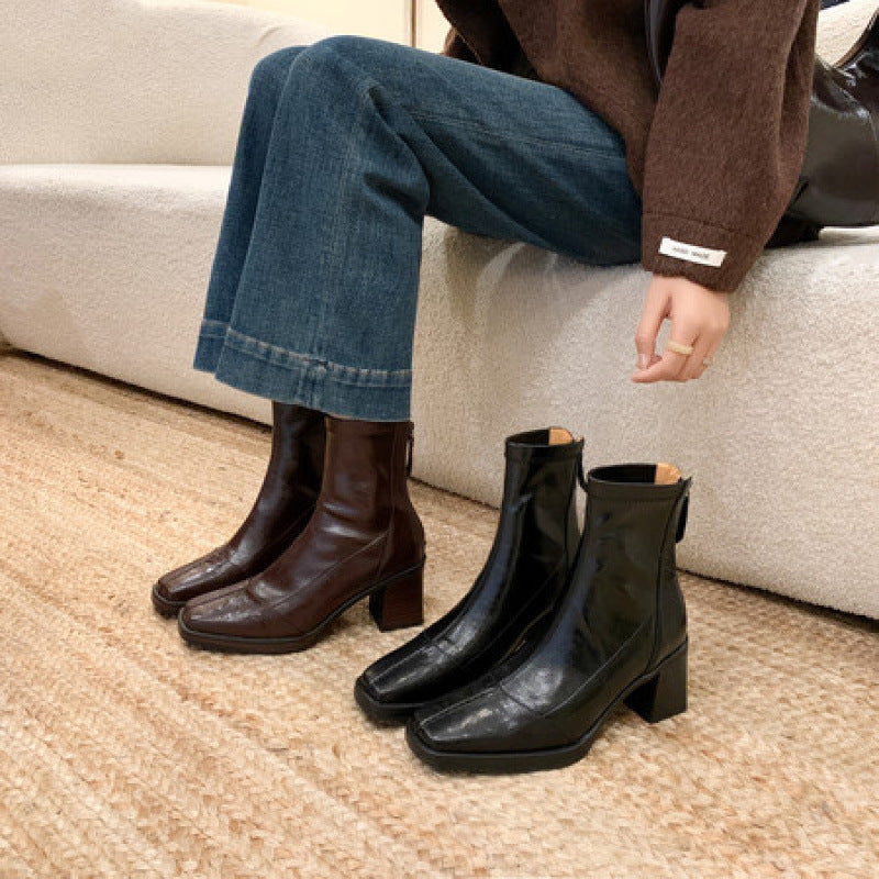 Women's Chunky Square Toe Bootie High Ankle Skinny Western Women's Leather Boots