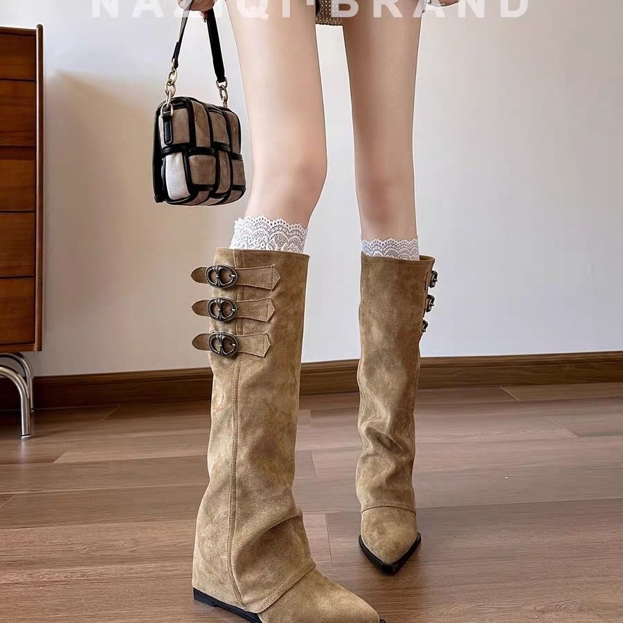 Women's Belt Buckle French Suede Pile Style Slim Over The Women's Leather Boots