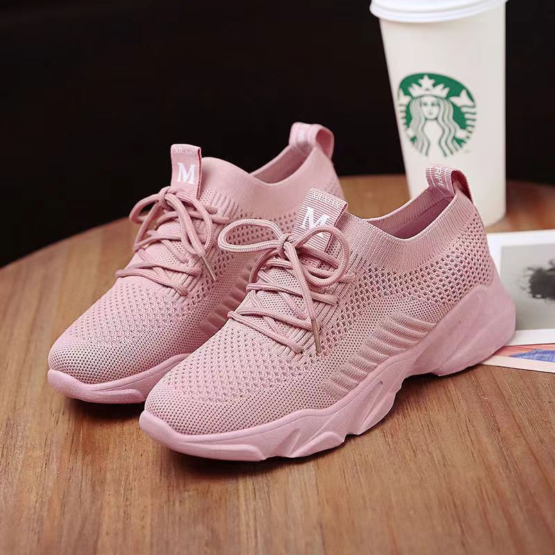 Women's White Breathable Sports Mesh Flying Woven Sneakers