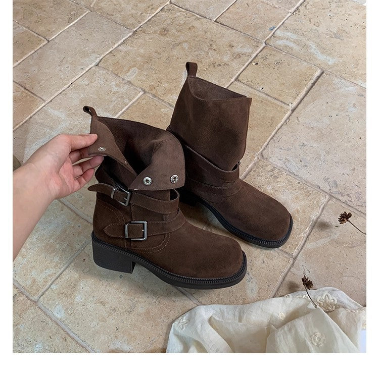 Increasing Chunky Platform Buckle Cow Suede High-heeled With Short Tube Heels